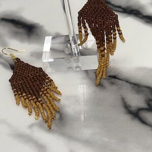 Brown and Tan Beaded Fringe Earrings